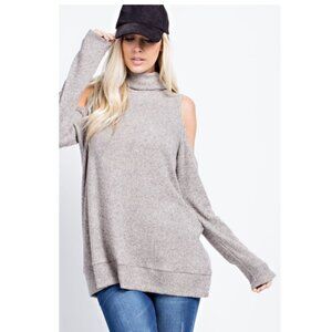 143 Story Taupe Cold Shoulder Turtle Neck Top TK629